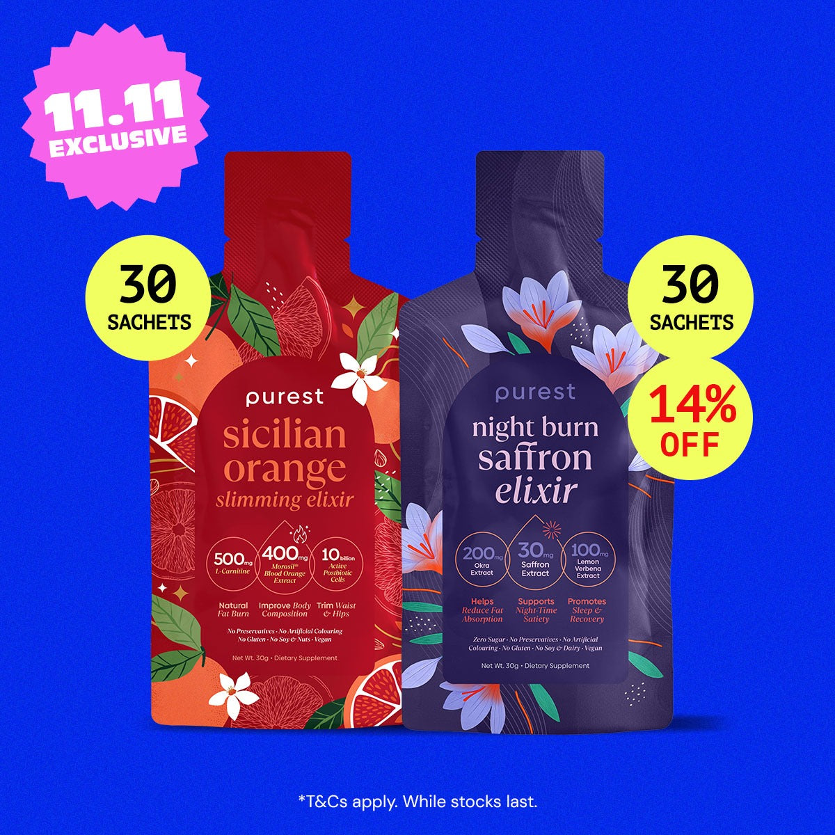 11.11 Special Bundle: Sicilian Orange Slimming Elixir and Night Burn Saffron Elixir, 30 sachets each, 14% off