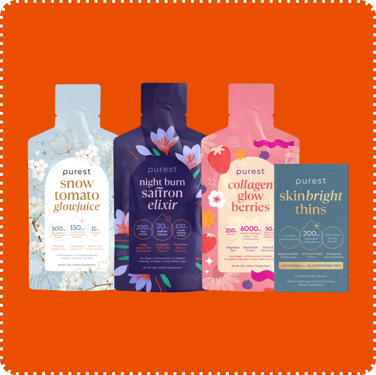 RM11 Flash Deal: Snow Tomato Glowjuice, Night Burn Saffron Elixir and Collagen Glow Berries sachets with a box of Skinbright Thins