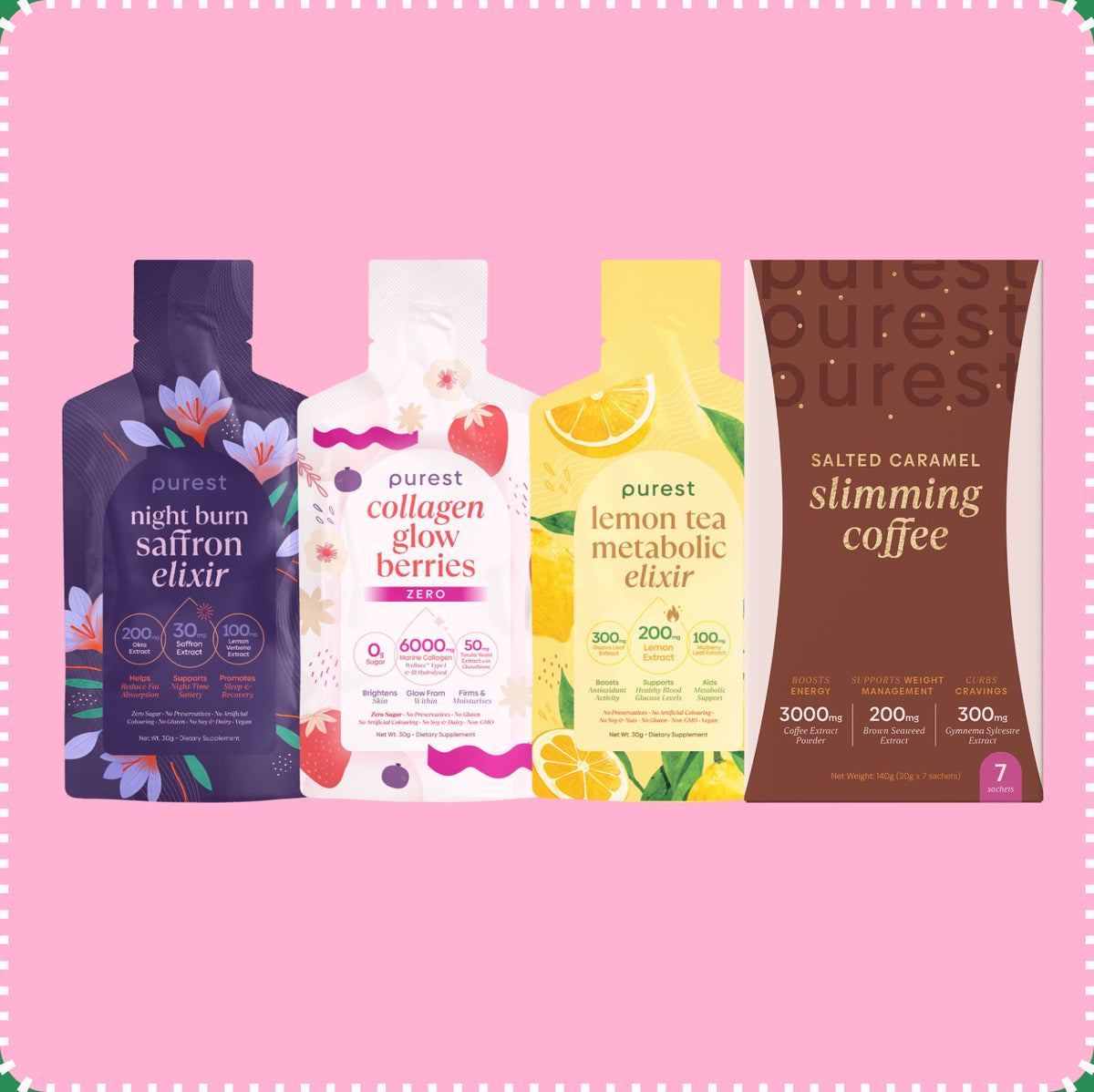 RM11 Flash Deal: Night Burn Saffron Elixir, Collagen Glow Berries Zero and Lemon Tea Metabolic Elixir sachets and a box of Salted Caramel Slimming Coffee