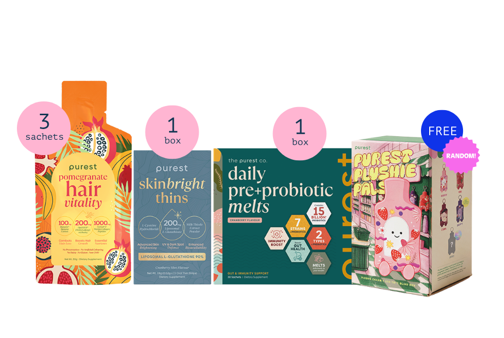 Pomegranate Hair Vitality sachets, SkinBright Thins, Daily Pre+Probiotic Melts and a Purest Plushie Pals blind box