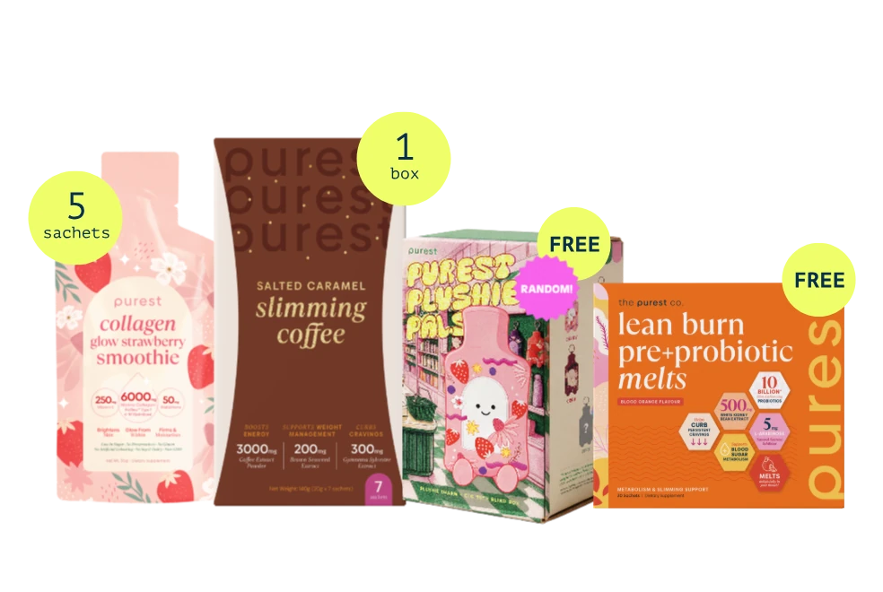 Collagen Glow Strawberry Smoothie sachets, Salted Caramel Slimming Coffee, a Purest Plushie Pals blind box and a box of Lean Burn Pre+Probiotic Melts