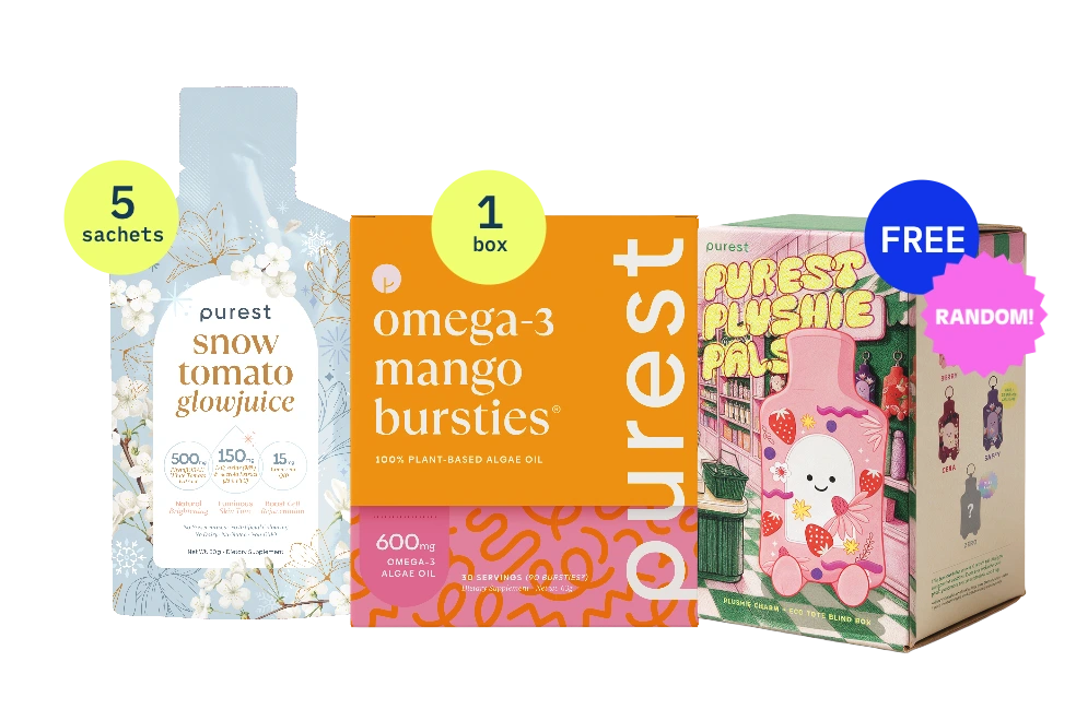 5 Snow Tomato Glowjuice sachets, a box of Omega-3 Mango Bursties and a Purest Plushie Pals blind box