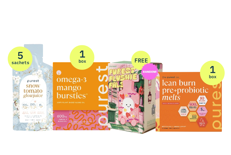 Snow Tomato Glowjuice sachets, Omega-3 Mango Bursties, a Purest Plushie Pals blind box and a box of Lean Burn Pre+Probiotic Melts